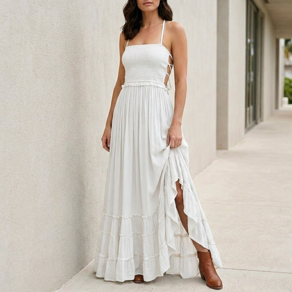 Maxi Dress | Open Back, Smocked | Bohemian Summer Style