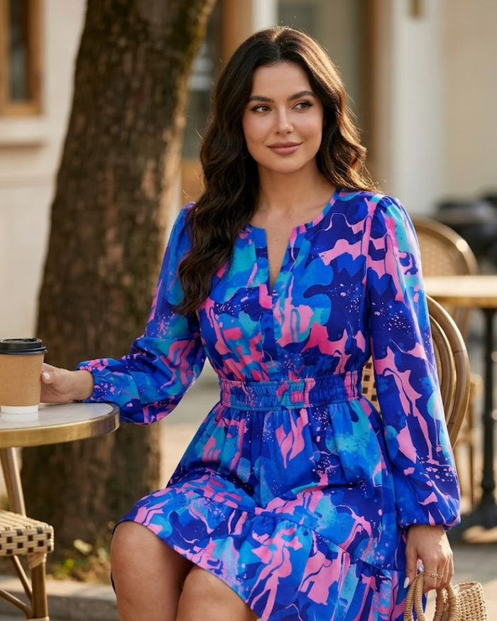 Women's Dress | Blue, V-neck, long sleeves, with elastic waistband