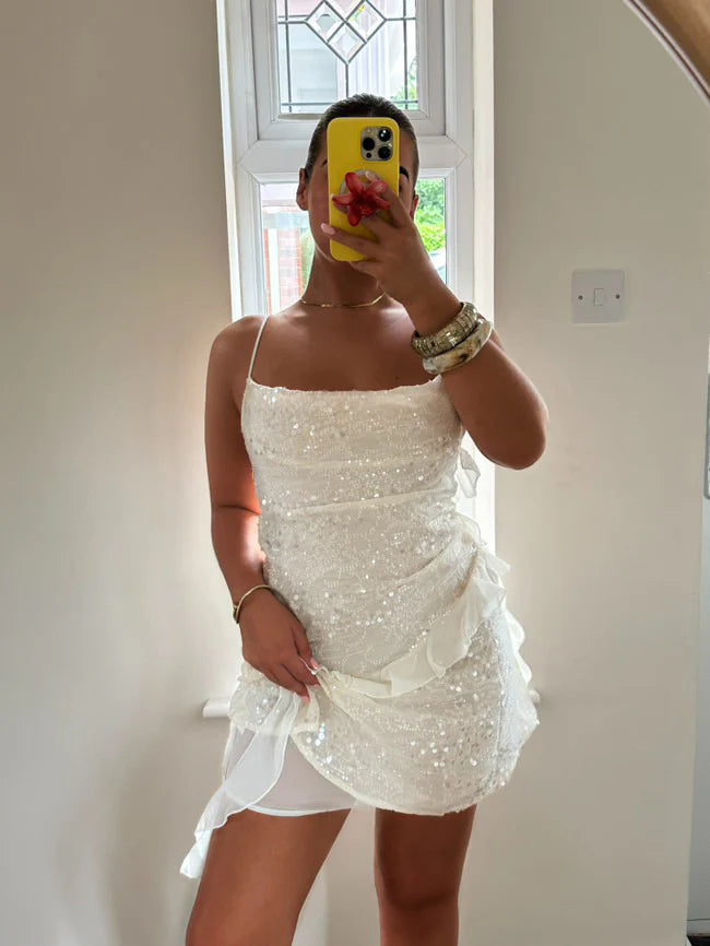 Sequin Mini Dress with Cowl Neck and Ruffled Hem