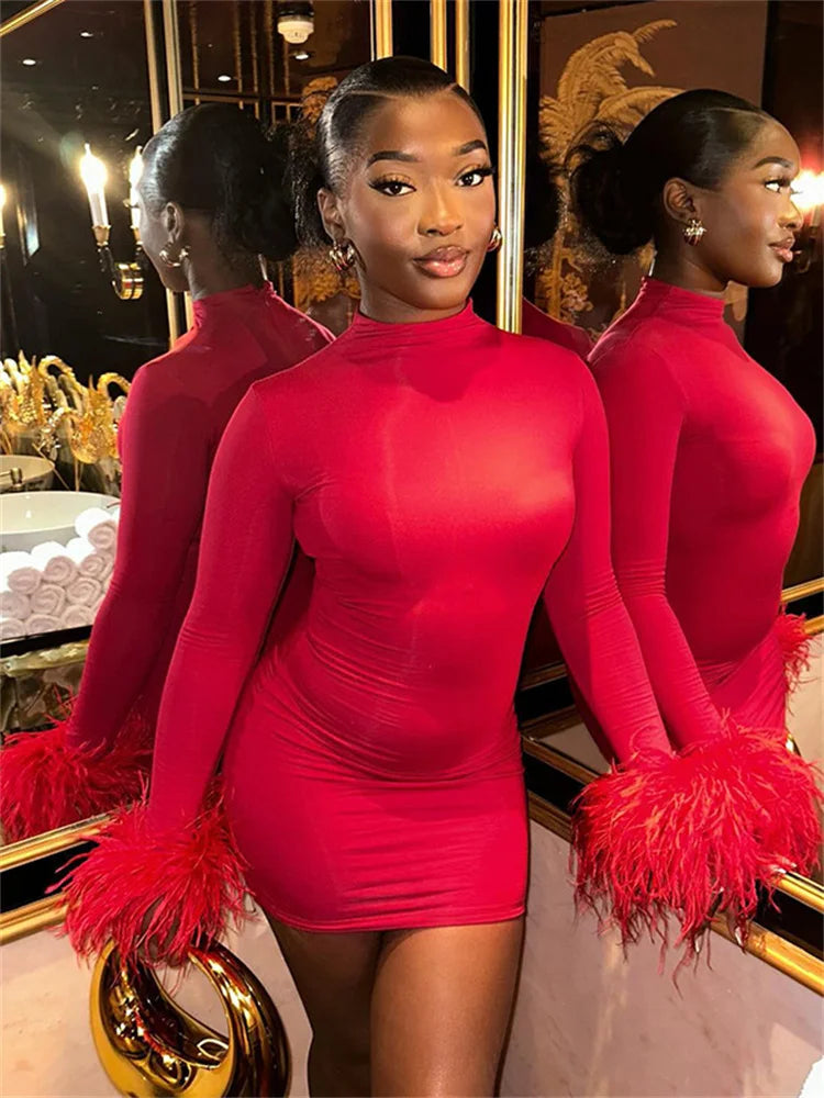Feather Cuff Long Sleeve Bodycon Mini Dress