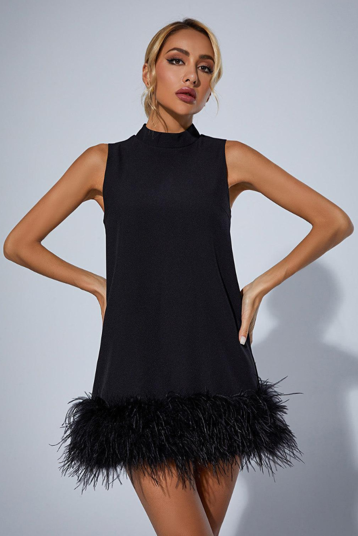 Sleeveless Mock Neck Mini Dress with Feather Hem
