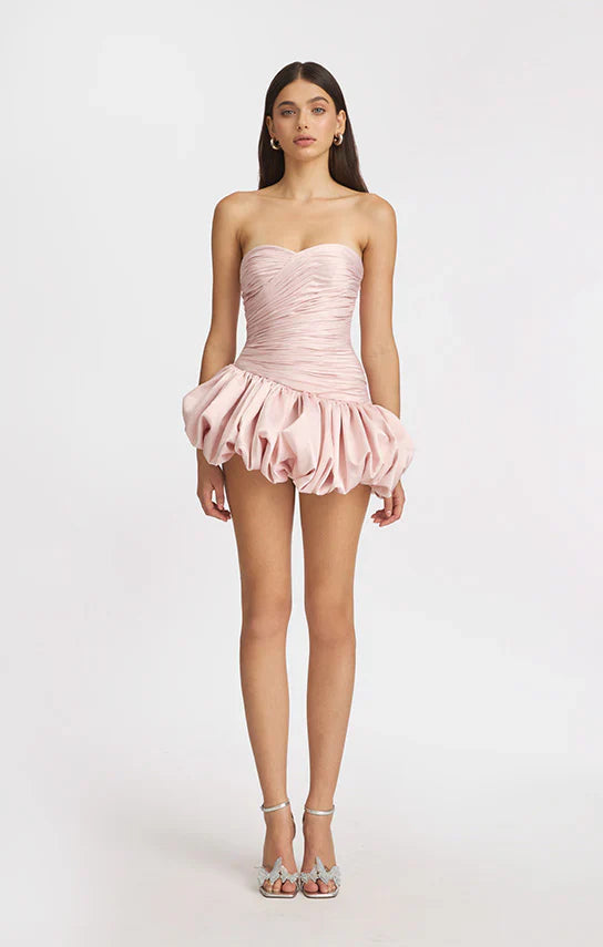 Strapless Draped Mini Dress with Balloon Skirt