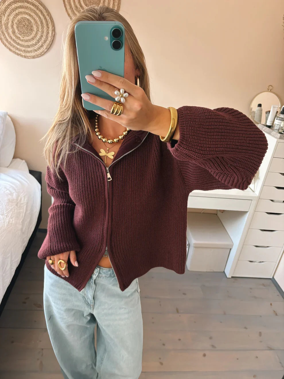 Chunky Balloon Sleeve Zip-Up Cardigan