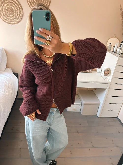 Chunky Balloon Sleeve Zip-Up Cardigan