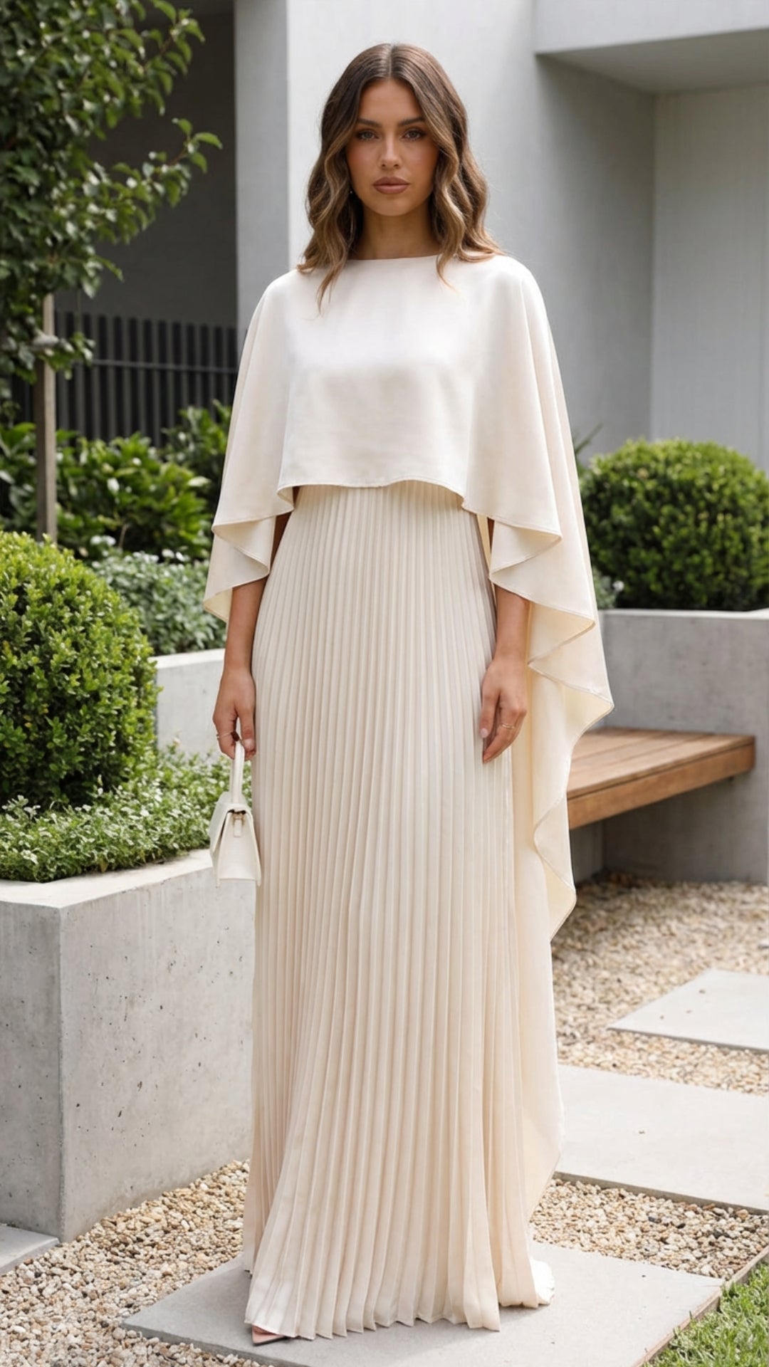 Cape-Sleeve Pleated Maxi Dress
