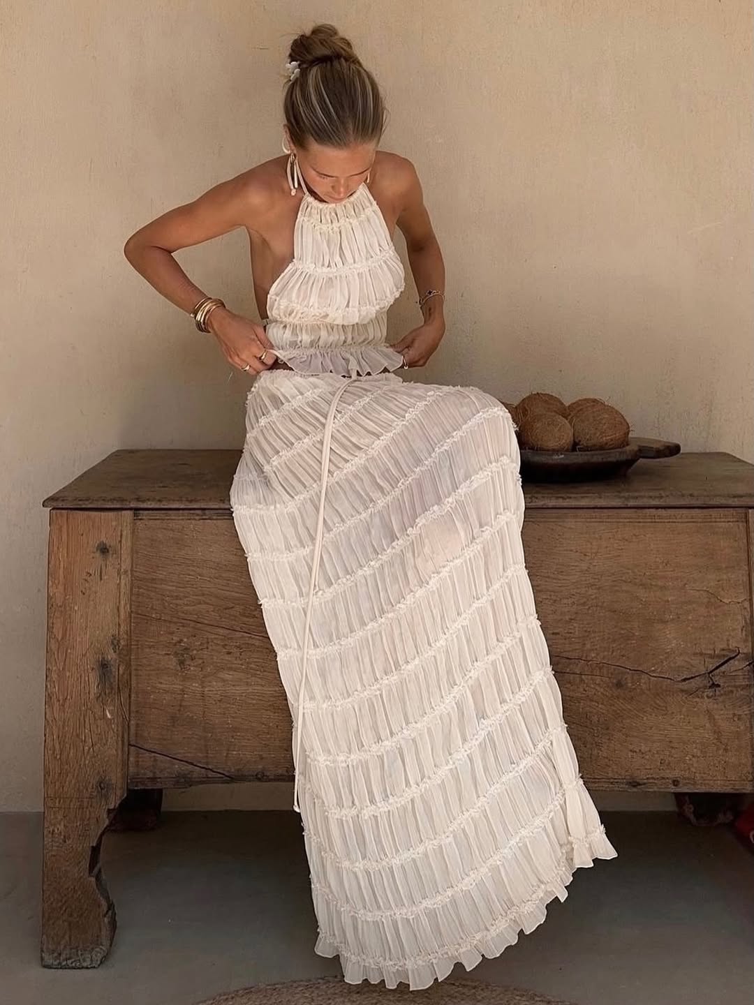 Ruffled Two-Piece Set in Ivory
