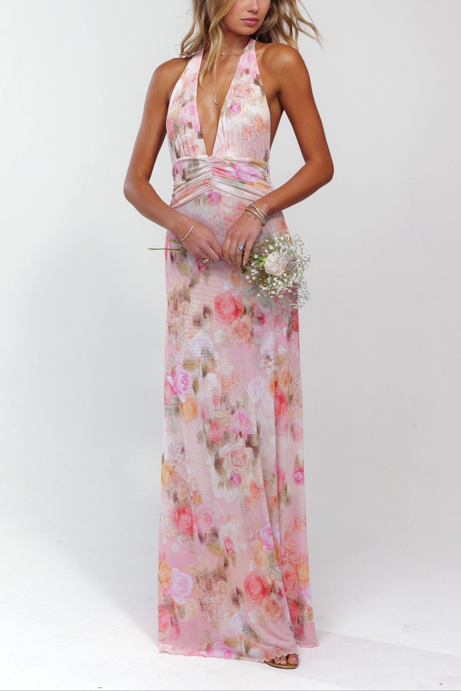 Deep V-Neck Halter Maxi Dress in Pink