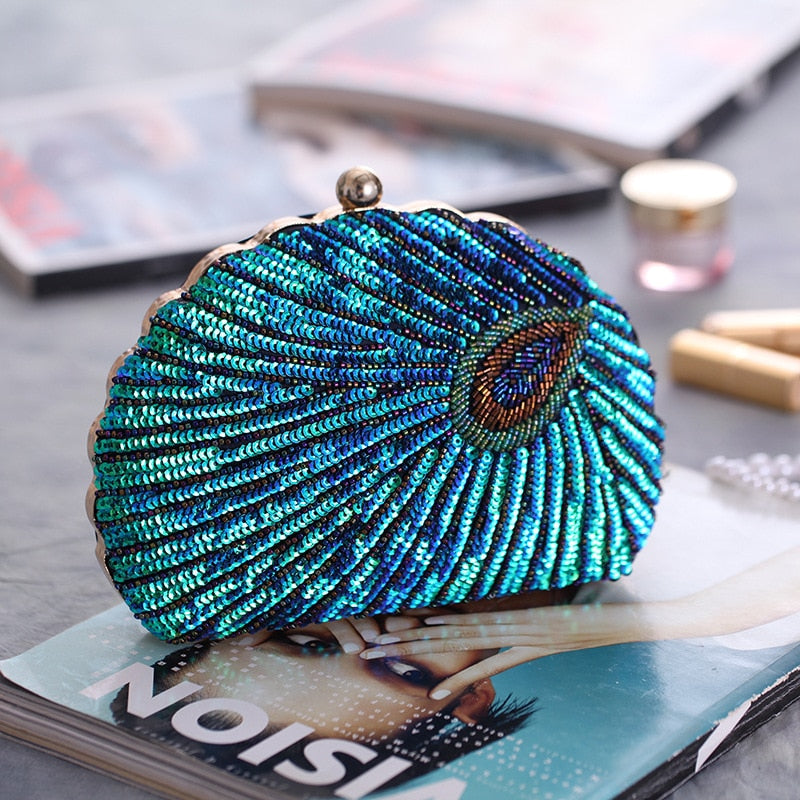 Peacock Beaded Oval Clutch Bag