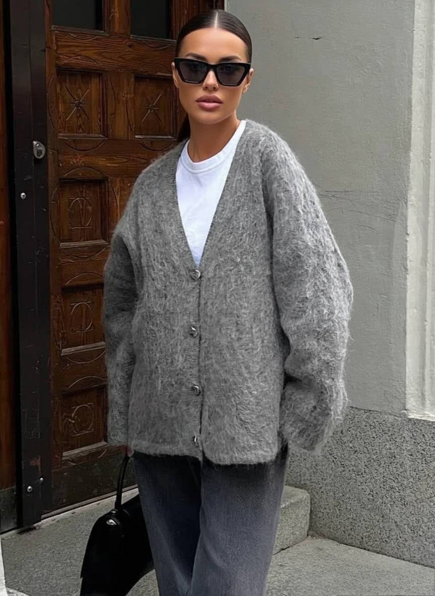 Fuzzy Knit V-Neck Button Cardigan