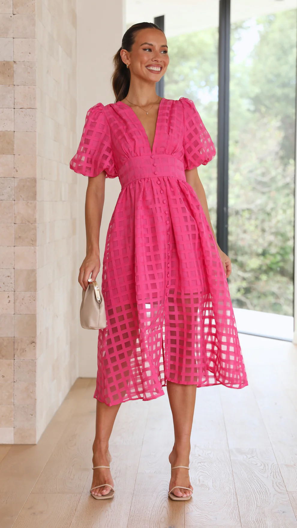 Grid Textured Puff Sleeve Midi Dress