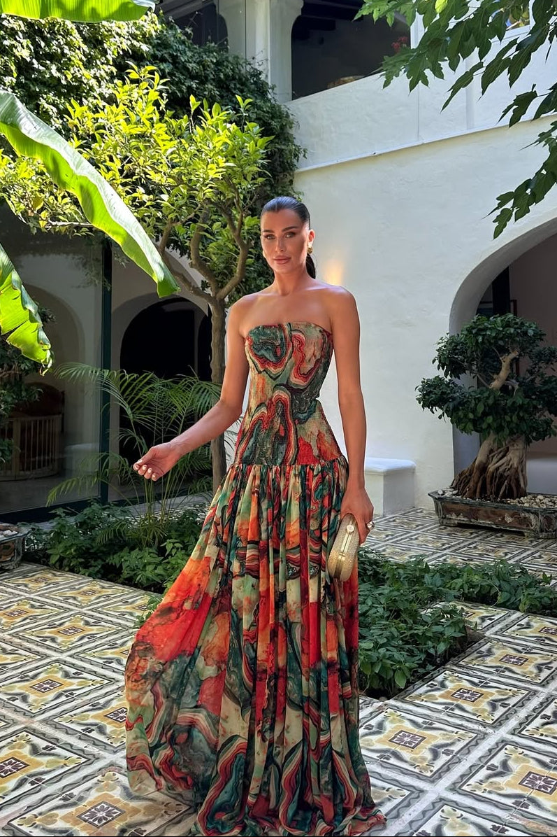 Pleated Strapless Maxi Dress in Multicolour