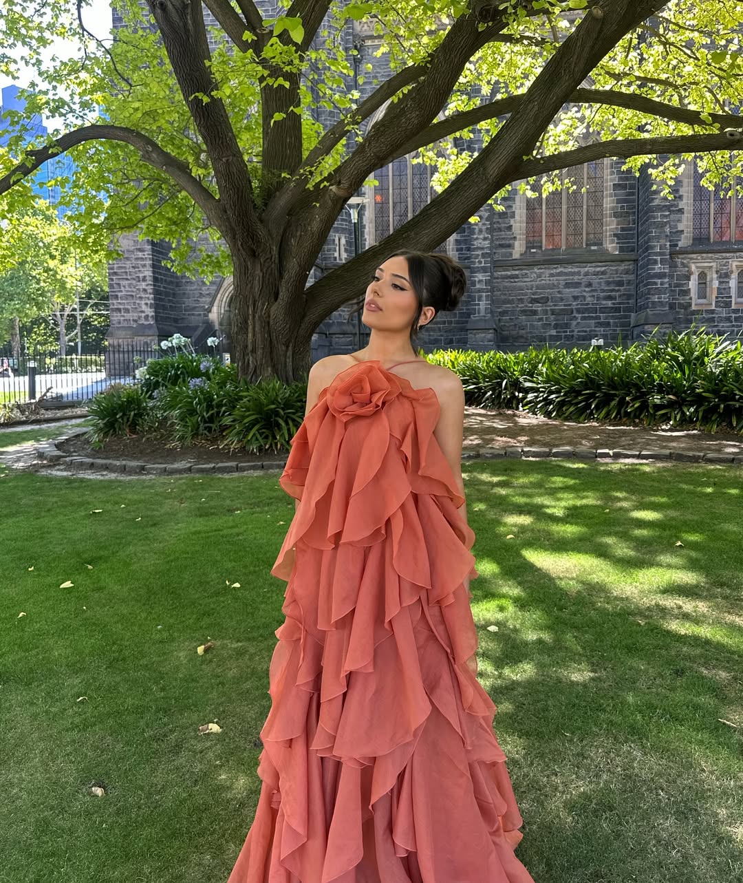 Tiered Ruffle Maxi Dress with Floral Neckline