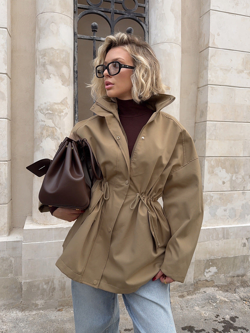 High-Neck Utility Jacket with Drawstring Waist