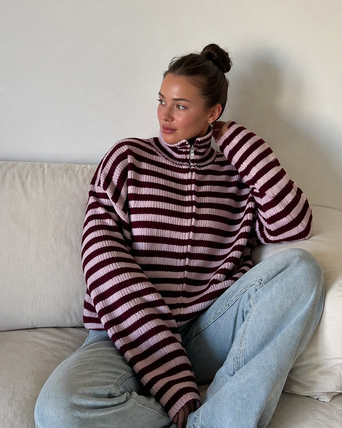 Wide Stripe Zip-Up Chunky Knit Sweater