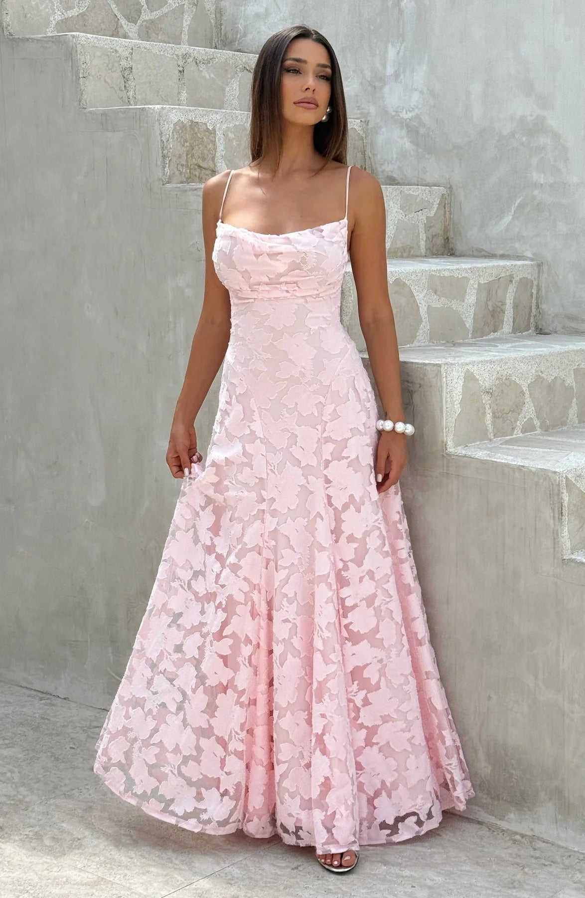 Floral Jacquard Maxi Dress with Ruched Neckline