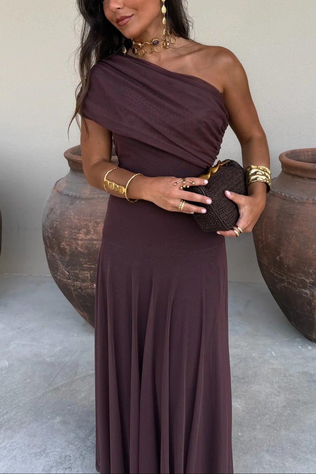 Off-Shoulder Mesh Maxi Dress with Draped Bust