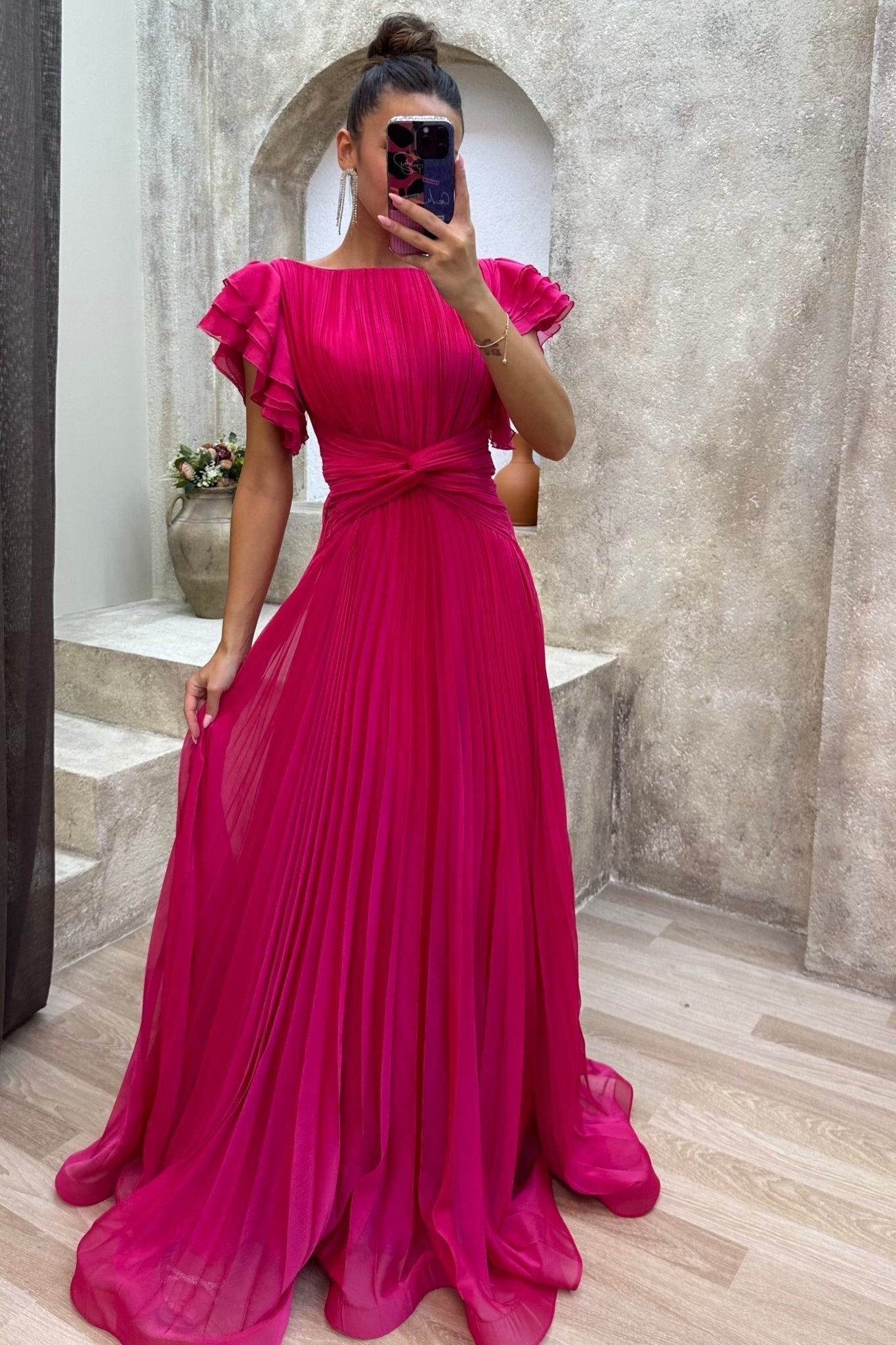 Pleated Maxi Dress with Flowing Skirt