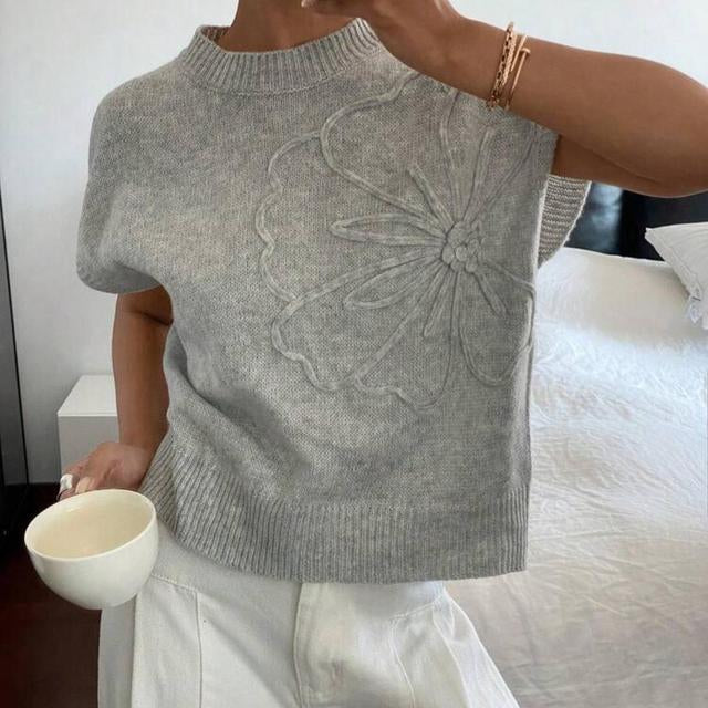 3D Floral Applique Knit Vest Cardigan