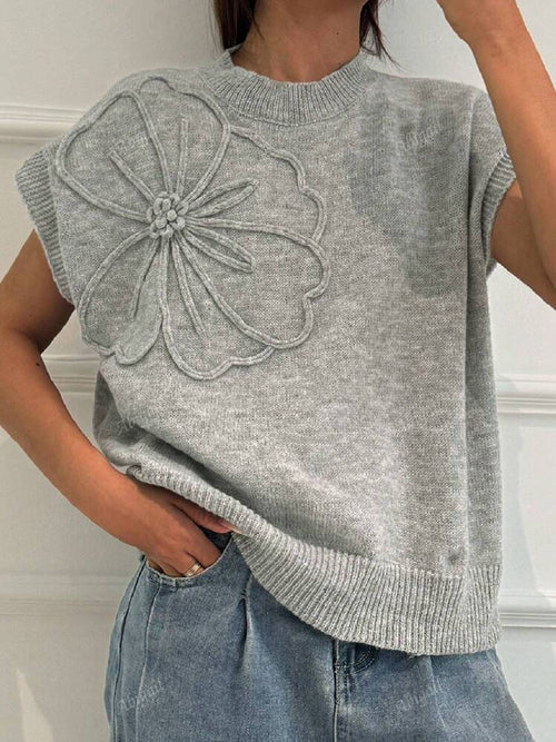 3D Floral Applique Knit Vest Cardigan