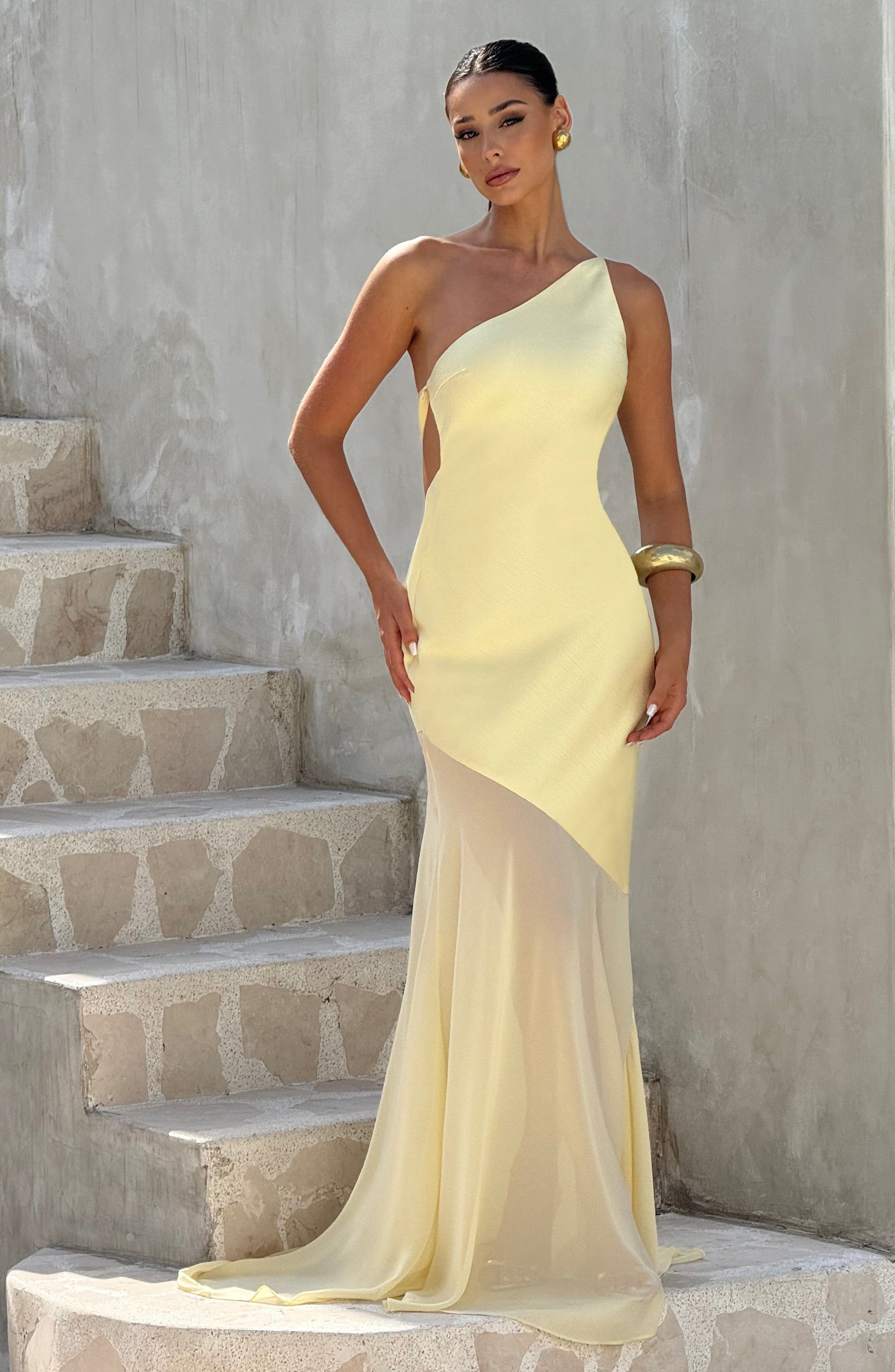 One-Shoulder Fishtail Gown in Yellow
