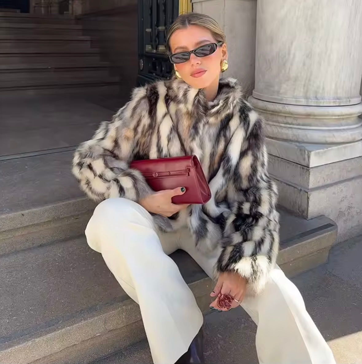 Faux Fur Animal Print Coat