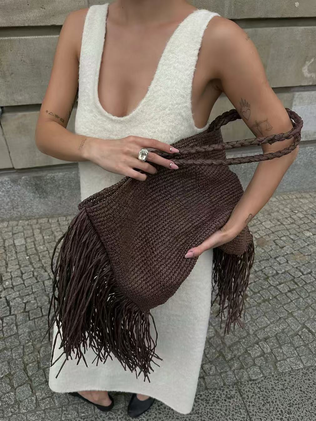 Woven Fringe Shoulder Tote Bag