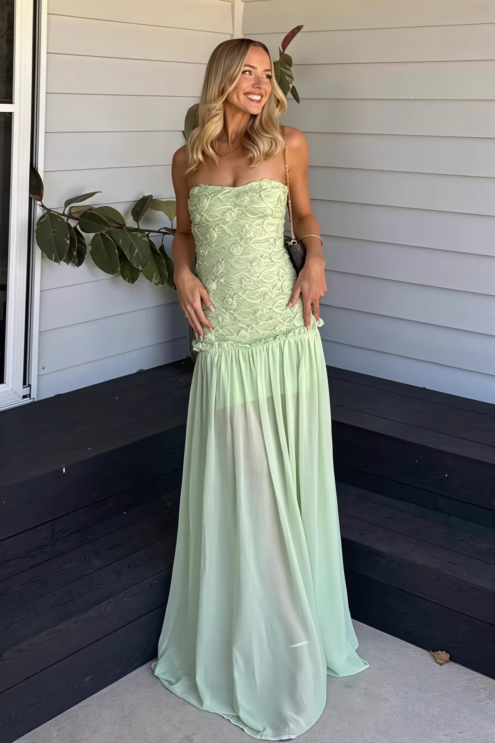 Strapless Floral Bodice Chiffon Maxi Dress