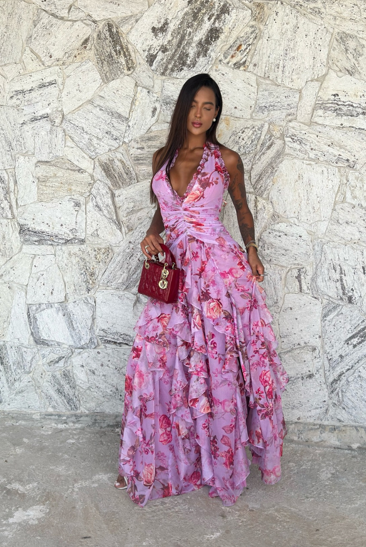 Floral-Textured Ruffle Maxi Dress in Pink