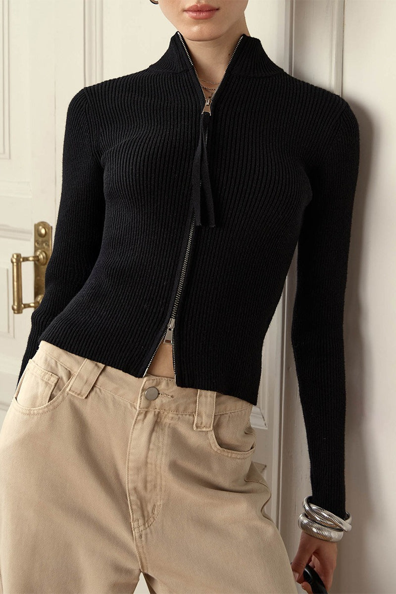 Ribbed Zip-Front Mock Neck Cropped Cardigan