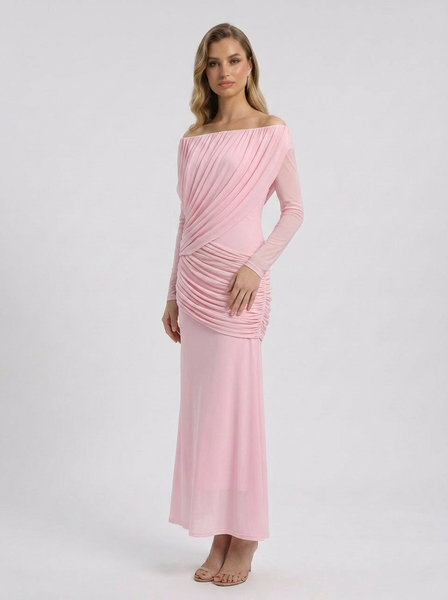 Off-Shoulder Ruched Long Sleeve Maxi Dress