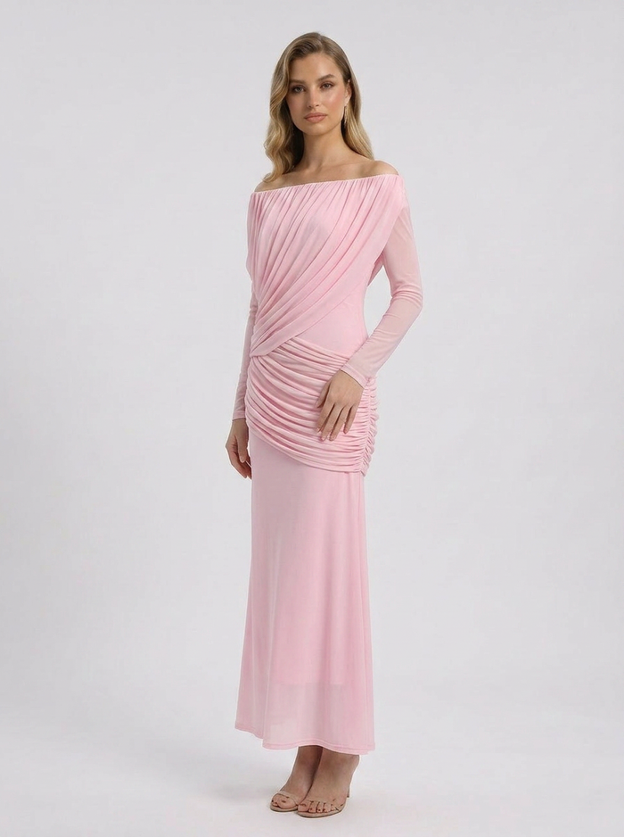Off-Shoulder Ruched Long Sleeve Maxi Dress