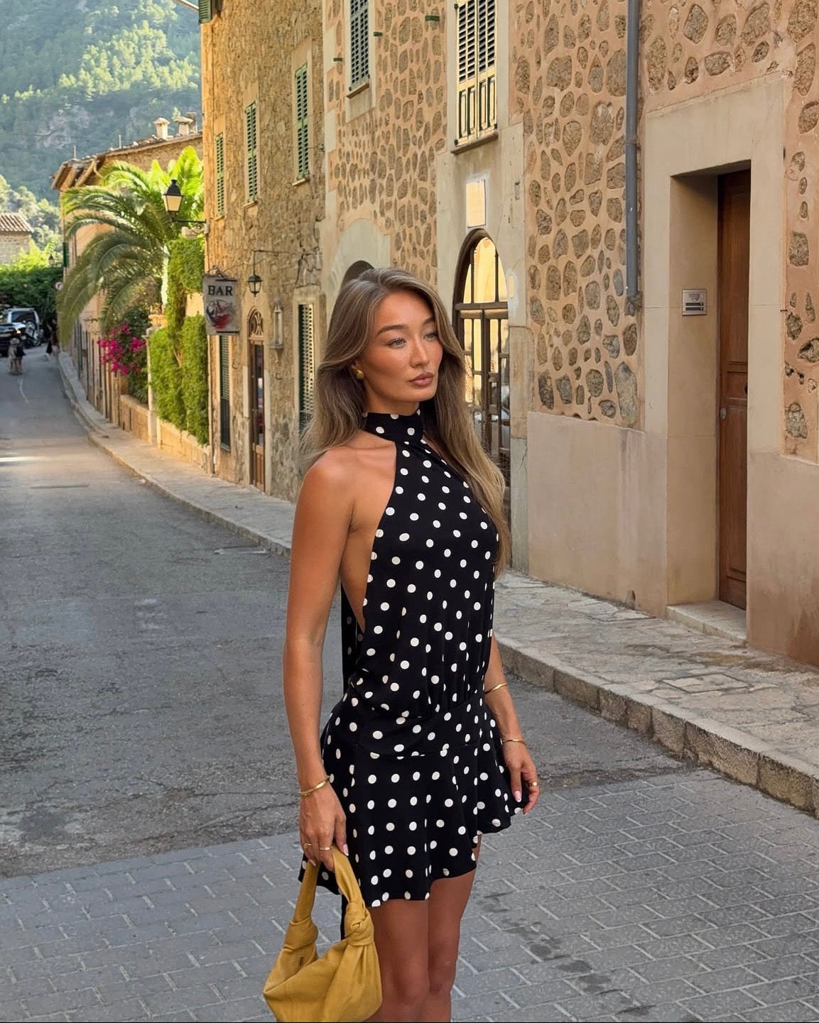 Open-Back Polka Dot Halter Mini Dress