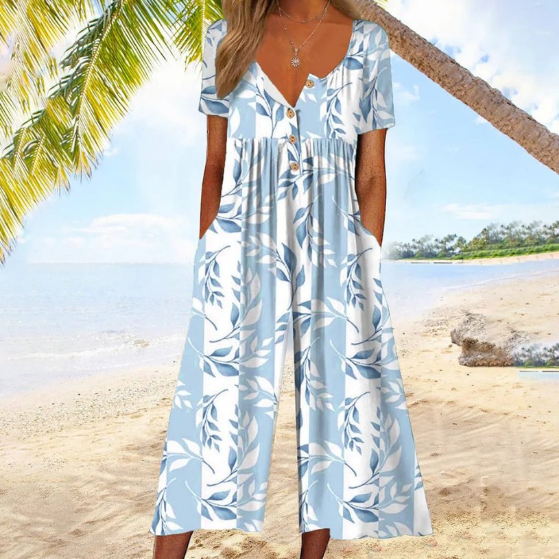 Women's Culotte Jumpsuit | Short-Sleeved Cotton, Printed | Summer