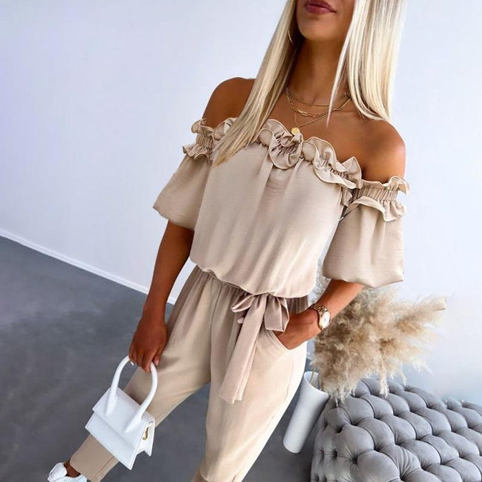 Women's Jumpsuit | Off-the-Shoulder, Pleats, Belted Waist