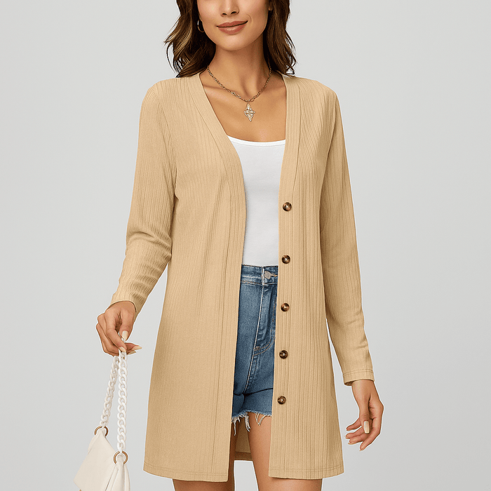 Women's long-sleeve cardigan with buttons, textured