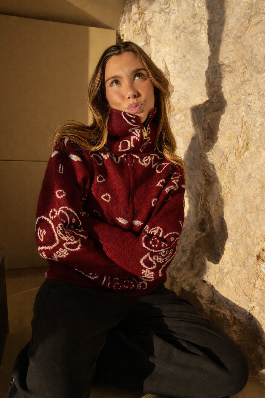 Paisley Print Zip-Up Knit Cardigan