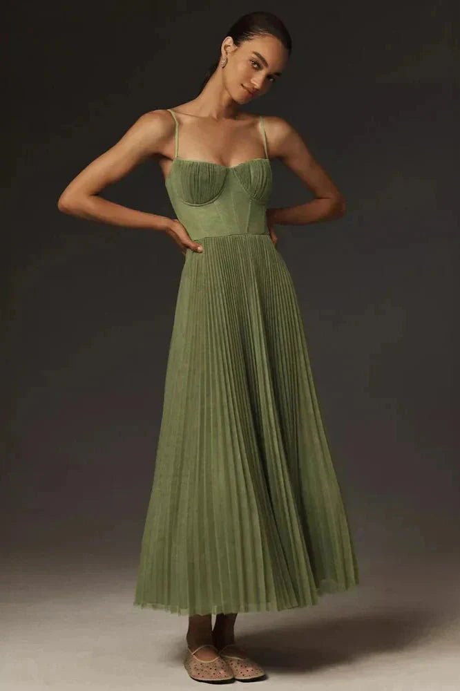 Maxi Dress with Pleats | Strapless, Silky | Green
