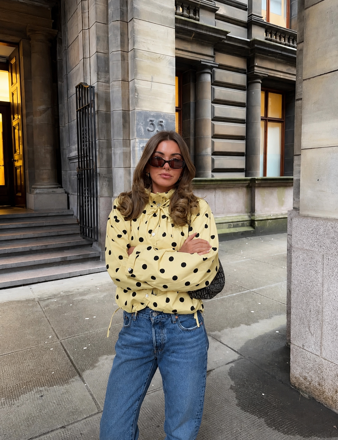 Polka Dot Puff Sleeve Ruffle Neck Jacket