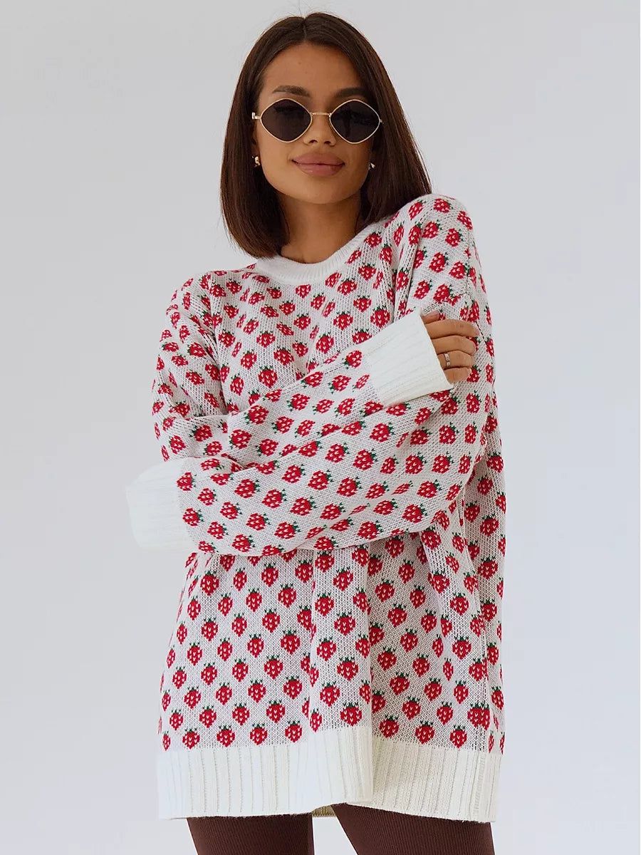 Strawberry Print Oversized Knit Sweater