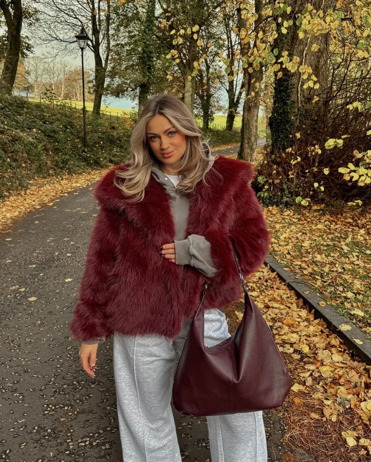 Oversized Faux Fur Coat in Burgundy