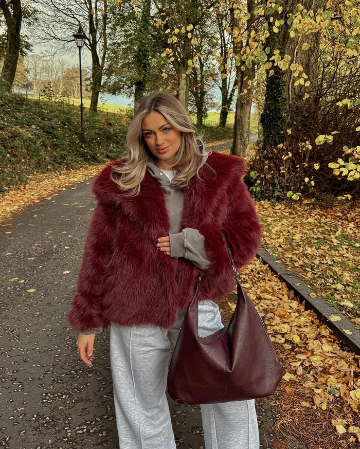 Oversized Faux Fur Coat in Burgundy