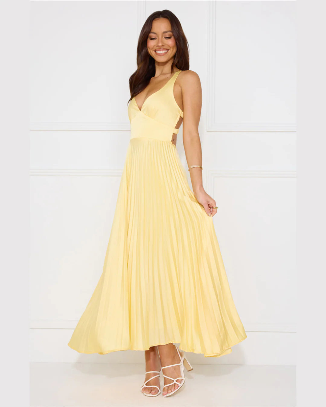 Pleated Maxi Dress with Plunge V-Neck