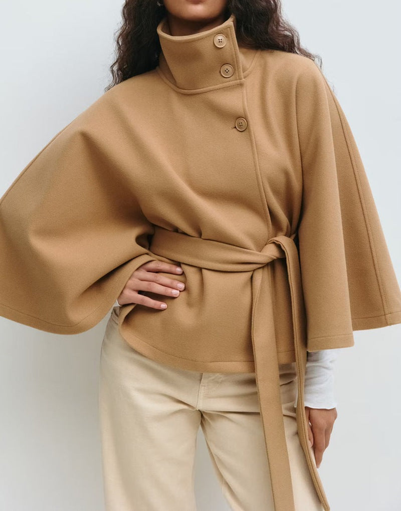 Belted Cape Coat with High Stand Collar