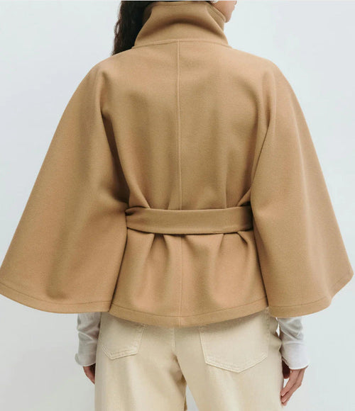 Belted Cape Coat with High Stand Collar