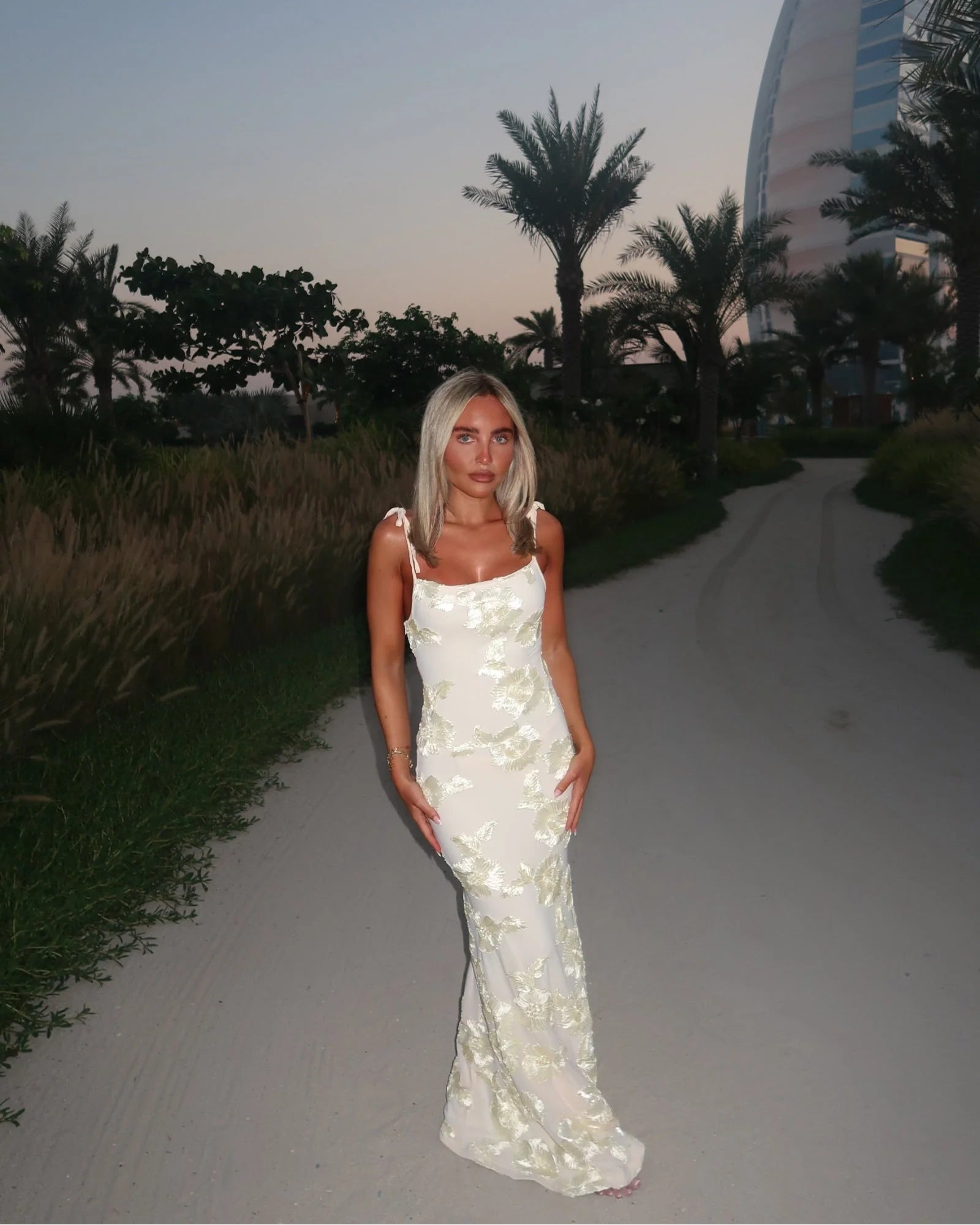 Embroidered Floral Maxi Dress with Tie Straps
