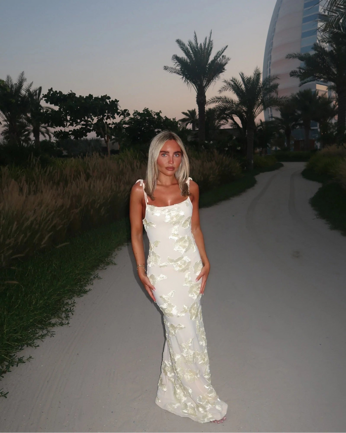 Embroidered Floral Maxi Dress with Tie Straps