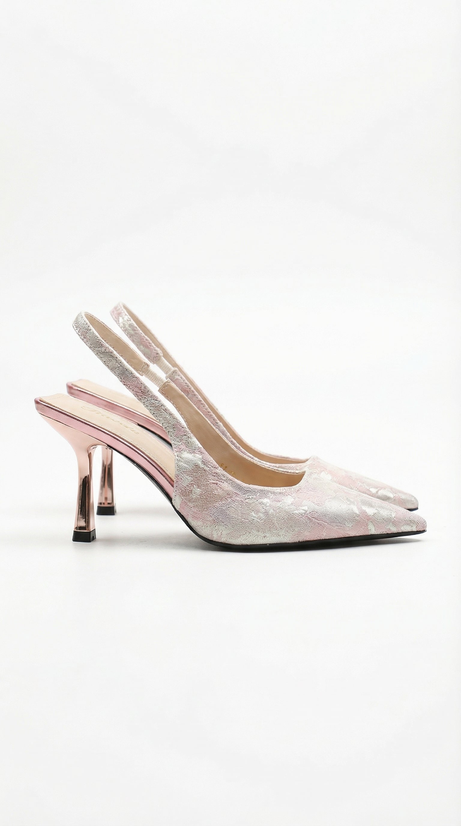 Lace-Overlay Pointed-Toe Slingback Heels