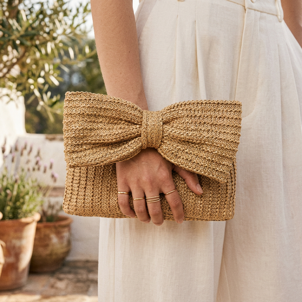 Woven Bow-Handle Clutch Bag