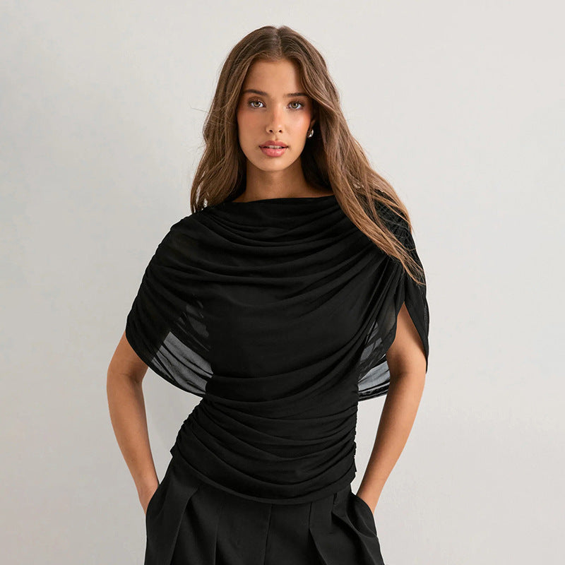 Draped Cowl Neck Cap Sleeve Top