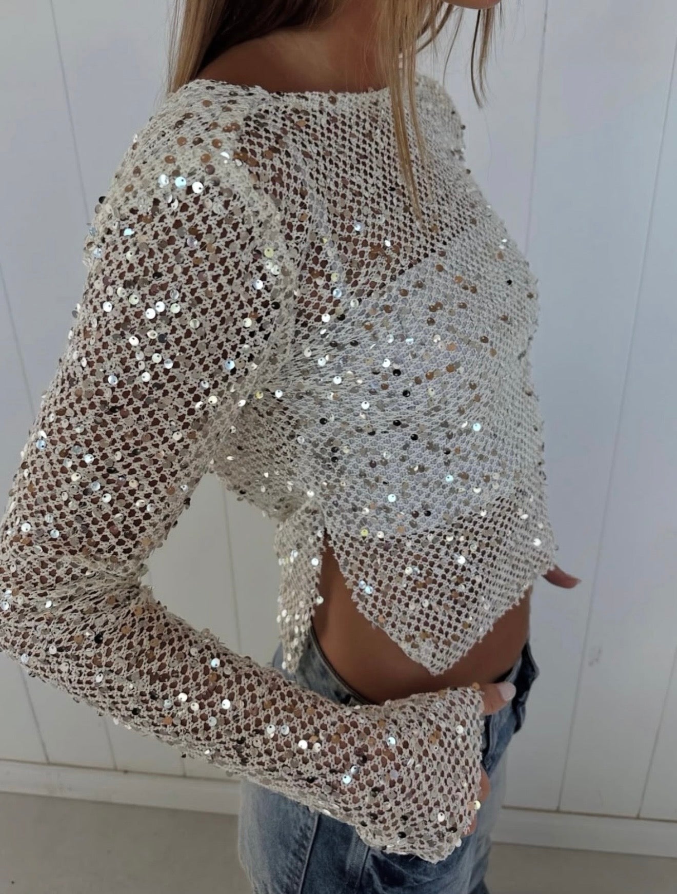 Open-Back Sequin Mesh Crop Top